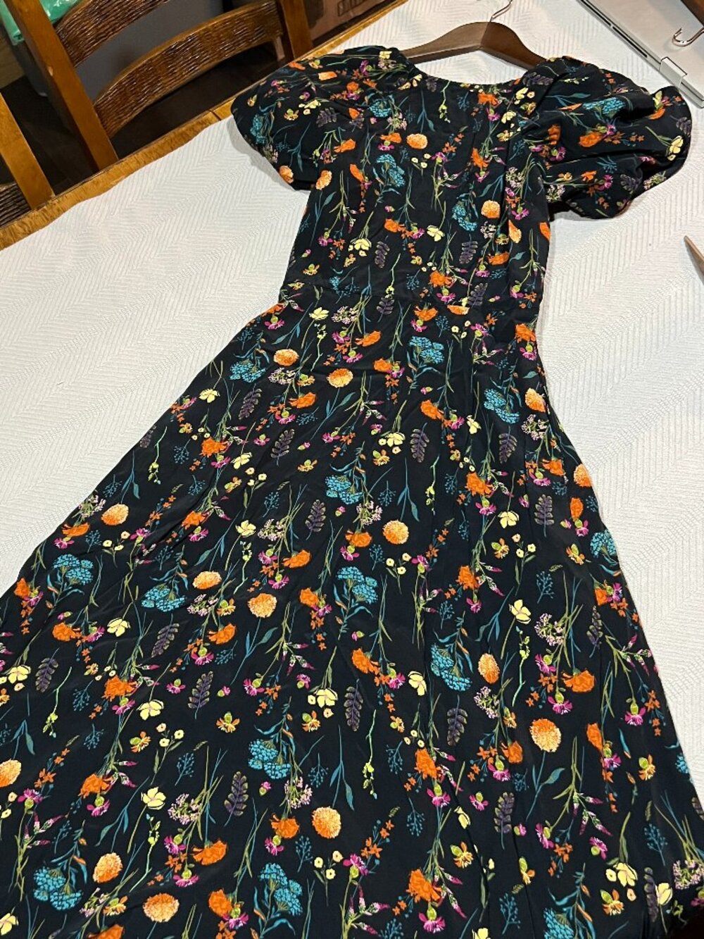 A New Day Black Multicolor Floral Puff Sleeve Tie Back Midi Dress Boho Size XS